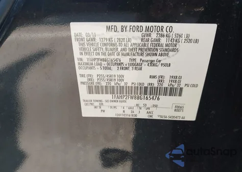 2011 Ford Taurus Limited z USA, uszkodzony, nr VIN 1FAHP2FW8BG165476